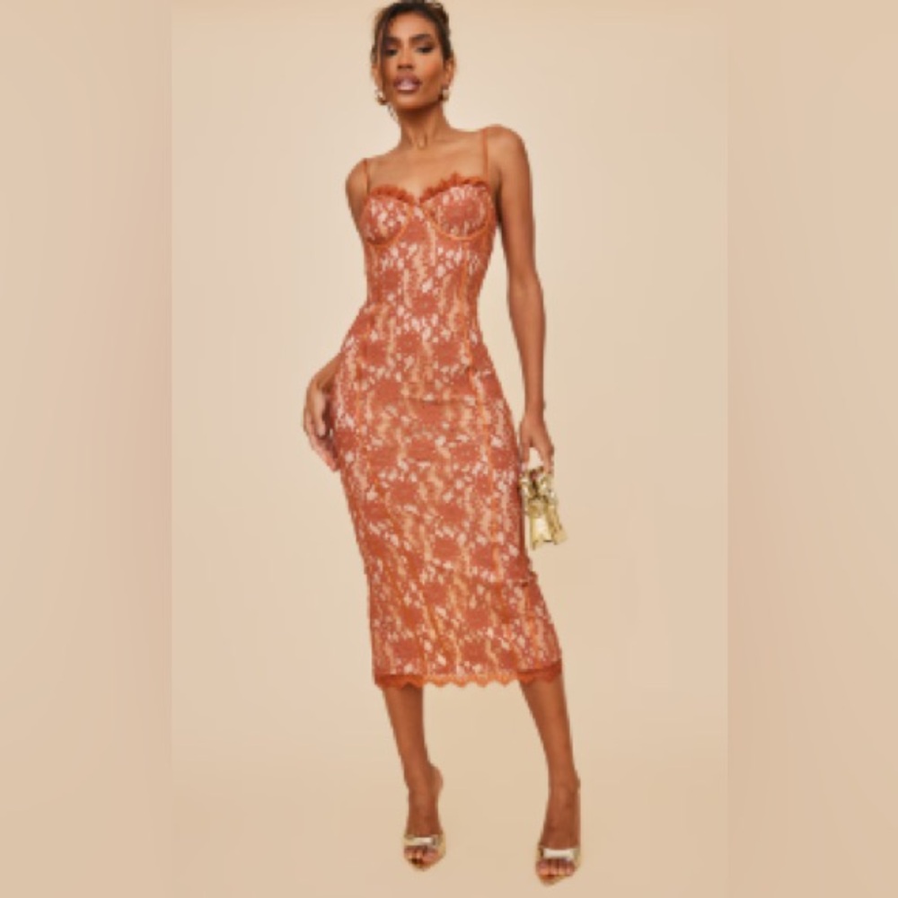 PrettyLittleThing Orange Lace Midi Dress